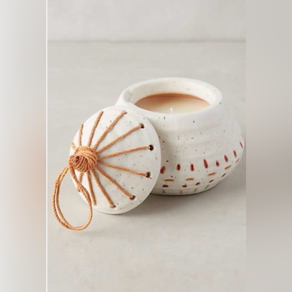 Anthropologie Ceramic Lidded Candle – Boho Speckled Jar with Rope Detail